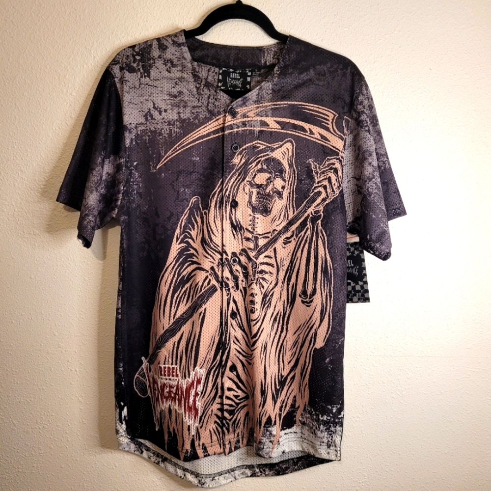 NWT Rebel Vengeance Men’s Graphic Gothic Grim Reaper Mesh Baseball Jersey-Size S